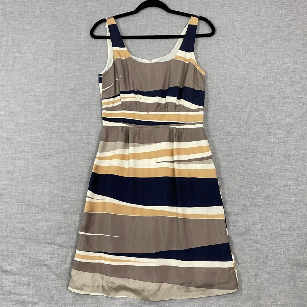 Banana Republic Silk Sheath Dress Size 2 Striped Taupe Navy White Sleeveless